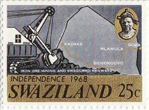 Stamp, Iron ore mining and map showing Swaziland Railways, Swaziland,  