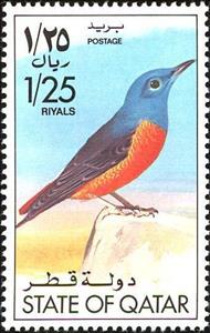 Stamp, Common Rock Thrush (Monticola saxatilis), Qatar,  , Birds, Animals (Fauna)