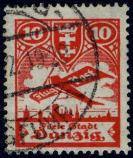 Stamp, Airplane flying over the silhouette of the skyline of Danzig, Free City of Danzig,  , Aircrafts