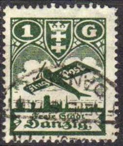 Stamp, Airplane flying over the silhouette of the skyline of Danzig, Free City of Danzig,  , Aircrafts