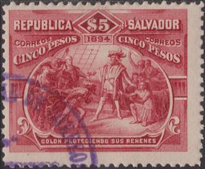 Stamp, Columbus Protecting Indian Hostages, El Salvador,  