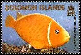 Stamp, Pink Anemonefish (Amphiprion perideraion), Solomon Islands,  , Fishes