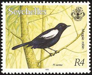 Stamp, Seychelles Magpie-robin (Copsychus seychellarus), Seychelles,  , Birds, Animals (Fauna)