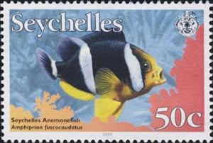 Stamp, Seychelles Anemonefish (Amphiprion fuscocaudatus), Seychelles,  , Fishes