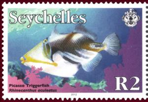 Stamp, Lagoon Triggerfish (Rhinecanthus aculeatus), Seychelles,  , Fishes