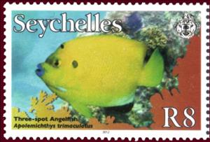Stamp, Threespot Angelfish (Apolemichthys trimaculatus), Seychelles,  , Fishes