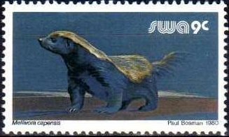 Stamp, Honey Badger (Mellivora capensis), South-West Africa,  , Mammals, Animals (Fauna), Badgers