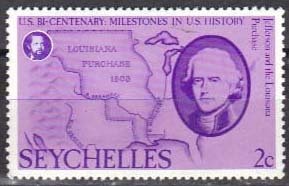 Stamp, Jefferson and map of Louisiana Purchase, Seychelles,  