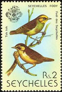 Stamp, Seychelles Fody (Foudia sechellarum), Seychelles,  , Birds, Animals (Fauna)