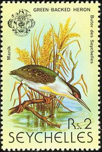 Stamp, Striated Heron (Butorides striatus), Seychelles,  , Birds, Animals (Fauna)