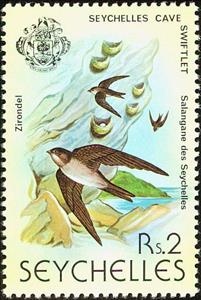 Stamp, Seychelles Swiftlet (Aerodramus elaphrus), Seychelles,  , Birds, Animals (Fauna)