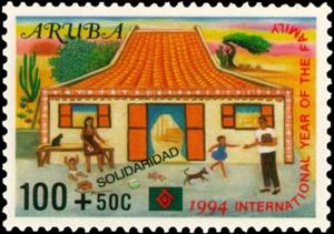 Stamp, Family playing in front of house, Aruba,  