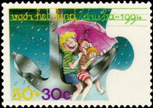 Stamp, Children on anchor with umbrella, Aruba,  