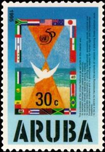 Stamp, Flags, sea, UN emblem, Aruba,  