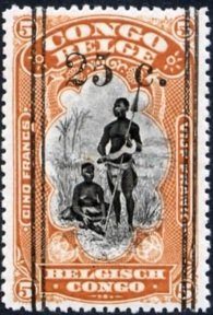 Stamp, type 'Mols' 1915 (71) black overprint type 'Boma' new face v, Belgian Congo,  
