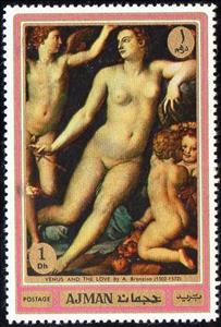 Stamp, Venus and the love, by Bronzino, Ajman,  , Paintings, Art, Nudes