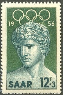 Stamp, Statue of a winner by Benevent, Germany, Saarland,  , Olympic Games