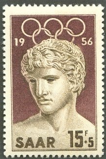 Stamp, Statue of a winner by Benevent, Germany, Saarland,  , Olympic Games