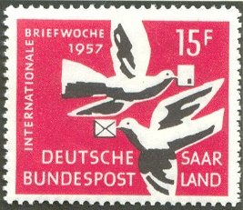 Stamp, Two doves with envelopes, Germany, Saarland,  