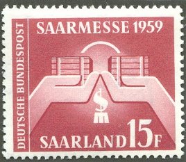 Stamp, Hands with goods, fair emblem, Germany, Saarland,  