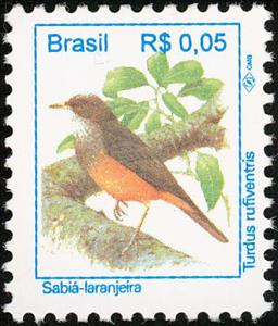 Stamp, Rufous-bellied Trush (Turdus rufiventris), Brazil,  , Birds, Animals (Fauna)