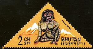 Stamp, Figure of the Yeti from a mountain fortress (Dzong), Bhutan,  , Triangle Stamps