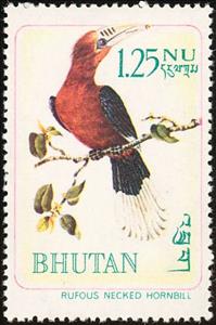 Stamp, Rufous-necked Hornbill (Aceros nepalensis) , Bhutan,  , Birds, Animals (Fauna)