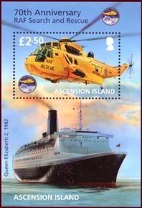Souvenir Sheet, Sea King and Q Elisabeth 2, Ascension Island,  , Ships, Helicopters, Aviation