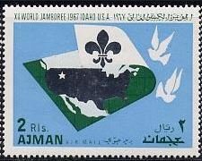 Stamp, Map of the USA, Boy Scout lily, pigeons, Ajman,  , Maps, Scouting