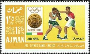 Stamp, Boxing, badge of the Olympic Summer Games 1968, Ajman,  , Olympic Games