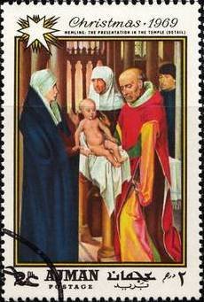 Stamp, Hans Memling: Presentation in the Temple, Ajman,  , Christmas, Paintings, Religion, Art