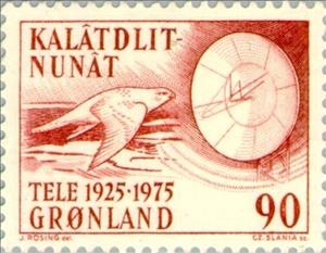 Stamp, Gyrfalcon (Falco rusticolus), Parabol Antenna, Greenland,  , Birds, Telecommunication, Television, Animals (Fauna), Anniversaries and Jubilees