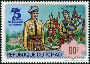 Stamp, 75th Anniversary of Scouting, Chad,  , Music, Musical Instruments, Scouting, Dance