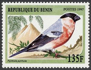 Stamp, Eurasian Bullfinch (Pyrrhula pyrrhula), Benin,  , Birds, Animals (Fauna)