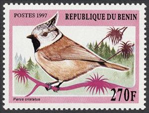 Stamp, European Crested Tit (Parus cristatus), Benin,  , Birds, Animals (Fauna)