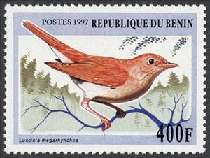 Stamp, Common Nightingale (Luscinia megarhynchos), Benin,  , Birds, Animals (Fauna)