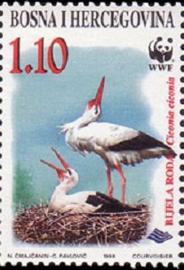 Stamp, White Stork (Ciconia ciconia), Bosnia and Herzegovina,  , WWF, Storks