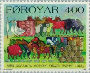 Stamp, End of winter, Faroe Islands,  , Birds, Mammals, Horses, Sheep, Seasons, Cattle, Animals (Fauna)