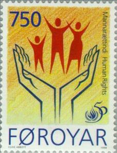 Stamp, 50 years of Universal Declaration of Human Rights, Faroe Islands,  , Human Rights, Hands, Anniversaries and Jubilees
