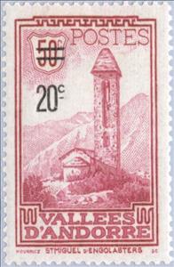 Stamp, Church St. Miquel d'Engolasters, Andorra, French Administration,  , Landscapes, Towers, Buildings, Churches - Cathedrals - Basilicas - Chapels