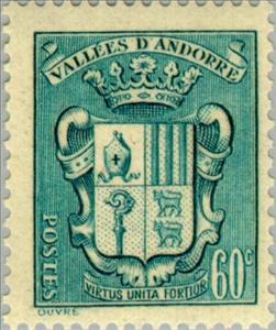 Stamp, Coat of arms of Andorra, Andorra, French Administration,  , Landscapes, Heraldic Animals, Coats of Arms