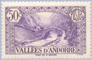 Stamp, Bridge of St. Antoni, Andorra, French Administration,  , Landscapes, Bridges, Mountains