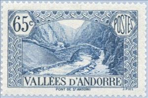 Stamp, Bridge of St. Antoni, Andorra, French Administration,  , Landscapes, Bridges, Mountains