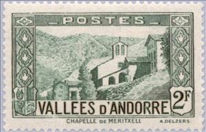 Stamp, Church of Maritxell, Andorra, French Administration,  , Landscapes, Trees, Mountains, Buildings, Plants (Flora), Churches - Cathedrals - Basilicas - Chapels