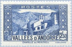 Stamp, Church of Meritxell, Andorra, French Administration,  , Landscapes, Mountains, Buildings, Churches - Cathedrals - Basilicas - Chapels