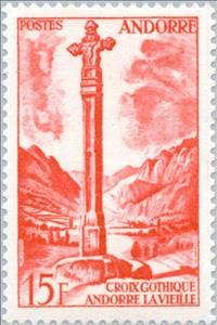 Stamp, Gothic cross of Andorra la Vella, Andorra, French Administration,  , Landscapes, Mountains