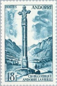Stamp, Gothic cross of Andorra la Vella, Andorra, French Administration,  , Landscapes, Mountains