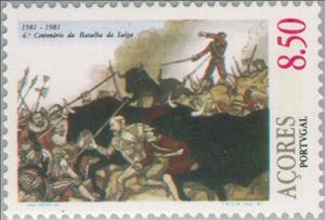 Stamp, 1581-1981, 4 Centuries to the Battle of Salga 8.50, Azores,  , Weapons, Mammals, Cattle, Animals (Fauna), Anniversaries and Jubilees