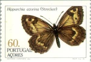 Stamp, Azores Grayling (Hipparchia azorina), Azores,  , Insects, Butterflies, Animals (Fauna)
