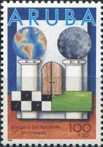 Stamp, Columns, terrestrial and celestial globes, Aruba,  